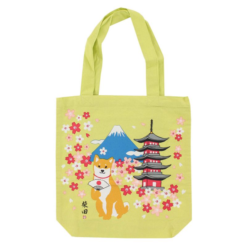 100% cotton tote bag Shiba Dog Mount Fuji and Pagoda - FUJISAN TO PAGODO