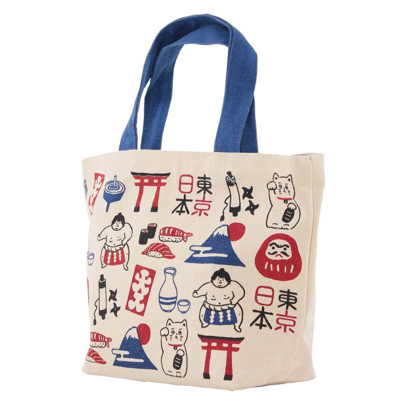 Small tote bag 100% cotton Daruma, Tori, Sushis, Cat... - DARUMA TORII SUSHIS NEKO...