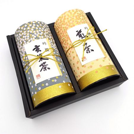 Duo di barattoli di tè giapponese blu e verde ricoperti di carta washi, HANAZONO, 200 g