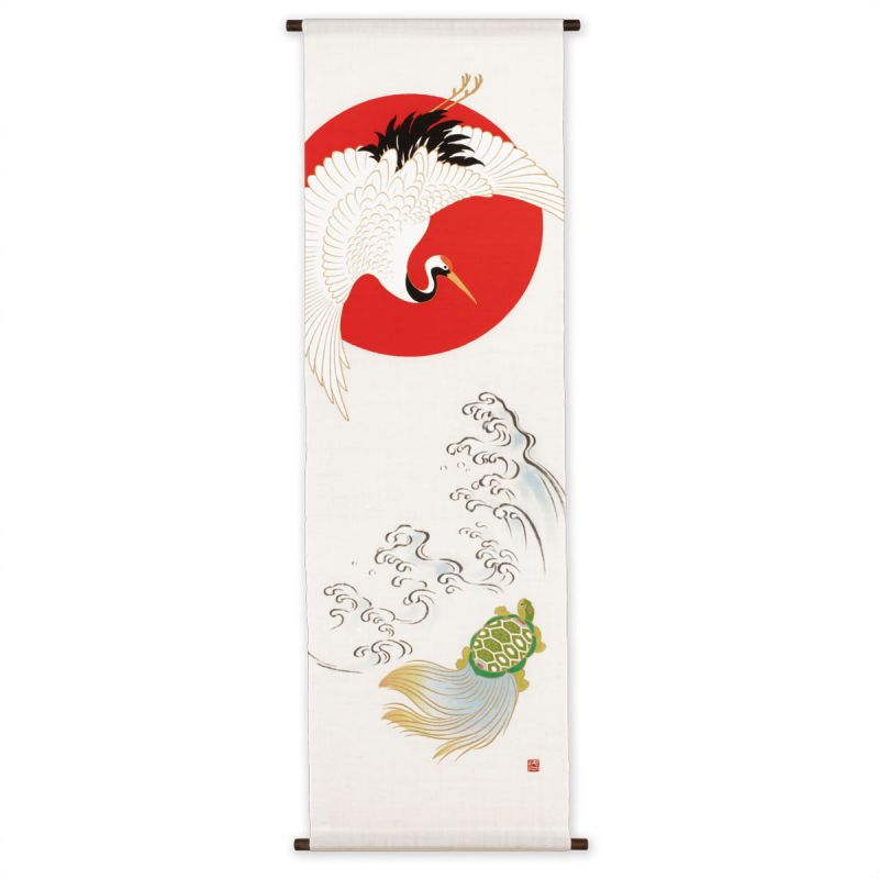 Hand Painted Hemp Tapestry Auspicious Crane and Turtle Tsuru Kame 45x150cm