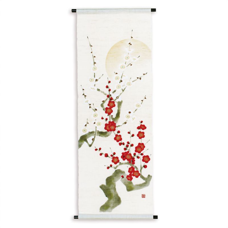 Hand painted hemp tapestry, red plum white plum, Kōbai hakubai 45x130cm