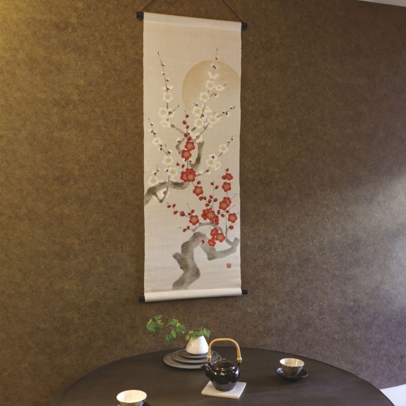 Handbemalter Hanf-Wandteppich, rote Pflaume, weiße Pflaume, Kōbai Hakubai 45x130cm