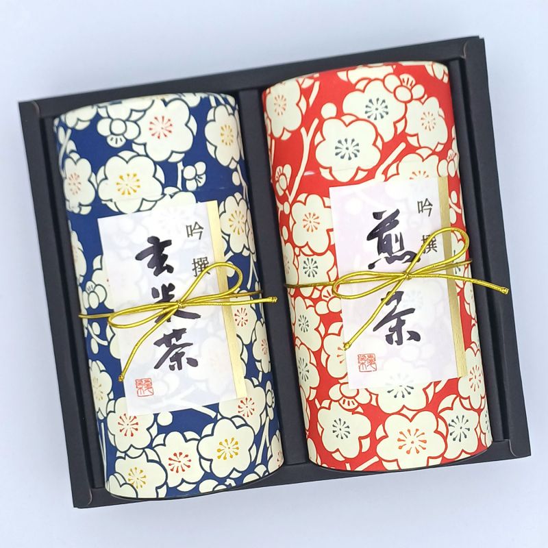 Duo aus blauen und roten japanischen Teedosen mit Washipapier bezogen, UMEROMAN, 200 g
