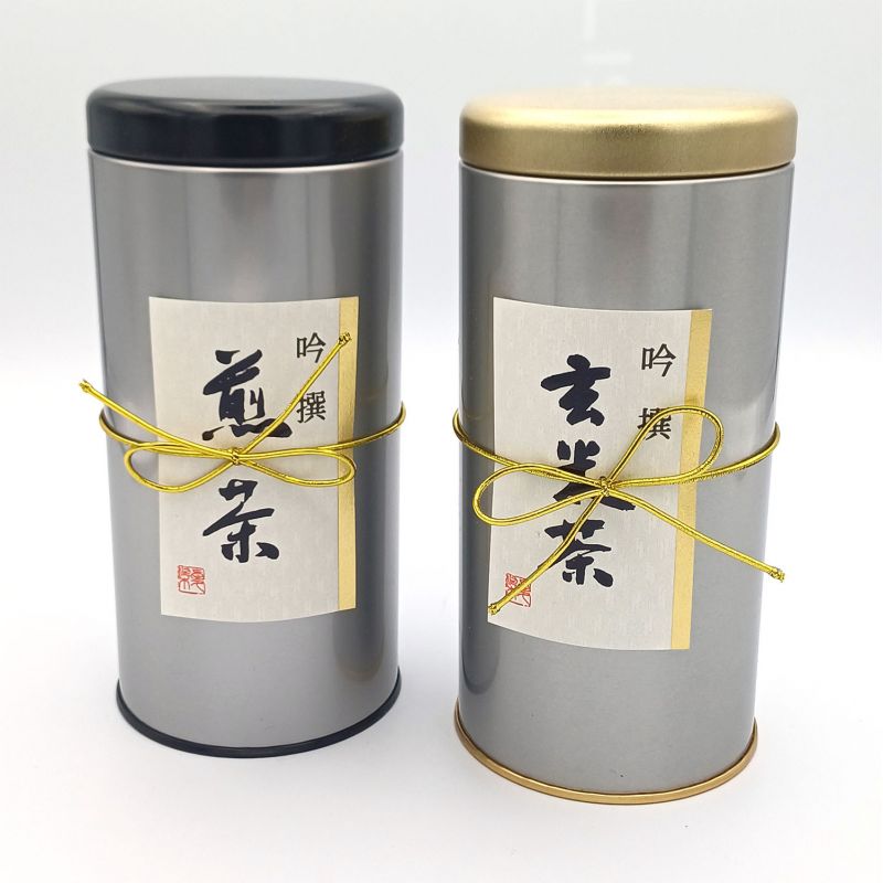 Duo of tea boxes with 100 g of sencha and 100g Matcha iri genmaicha
