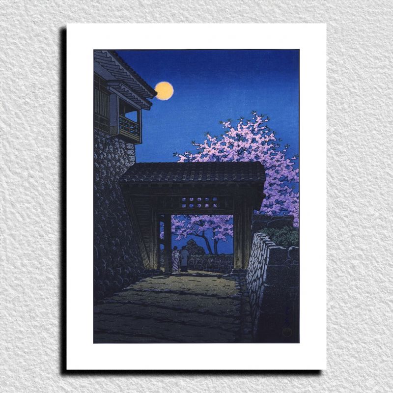 Reproduction d'estampe de Kawase Hasui, Pleine lune au-dessus du château de Matsuyama, Matsuyamajo meigetsu