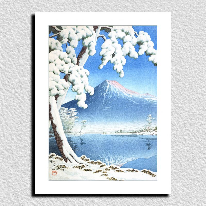 Reproduction d'estampe de Kawase Hasui, Le Mt Fuji après la neige à la baie de Tagonoura, Fuji no Yuki, Tagonoura