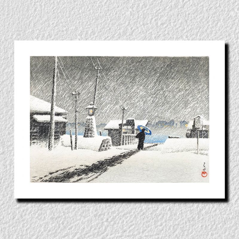 Druckreproduktion von Kawase Hasui, Schnee in Tsukishima, Tsukishima no yuki