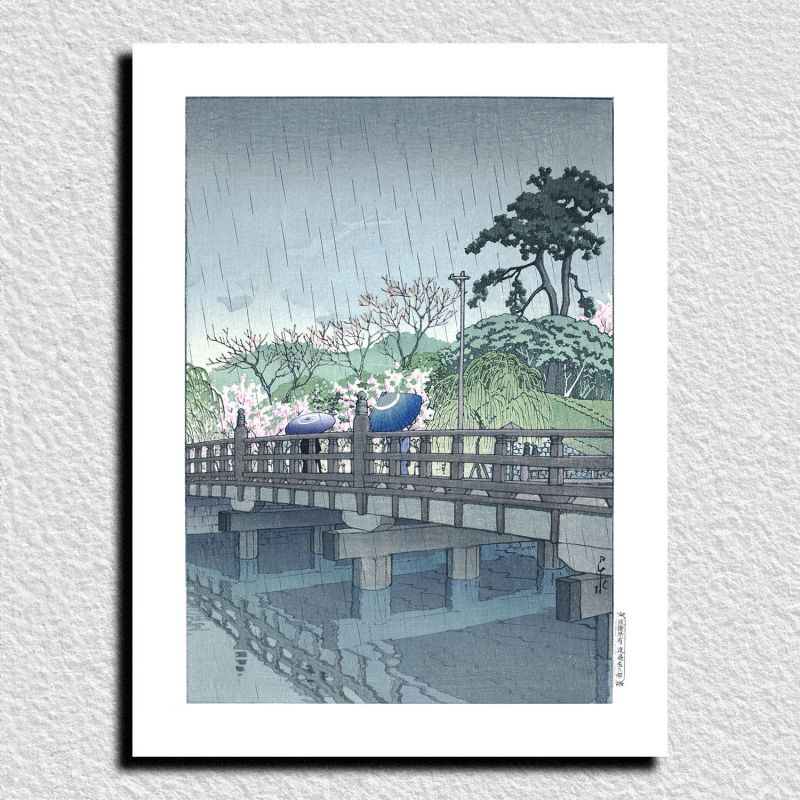 reproduccion impresa de Kawase Hasui, Lluvia de primavera en el puente Benkei, Benkei bashi no harusame
