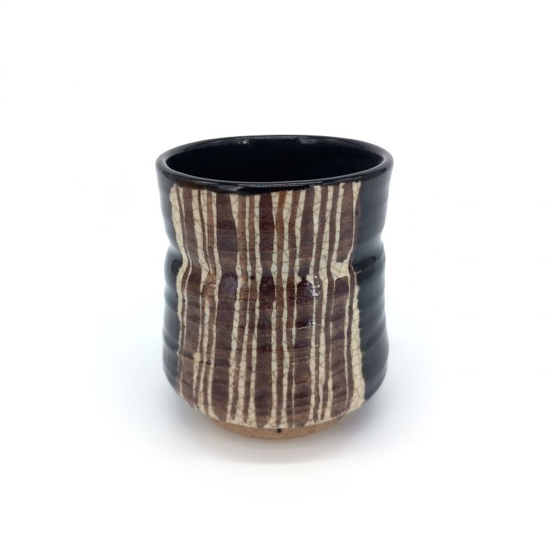 Japanese brown Raku ceramic tea cup with vertical line pattern, SUICHOKU SEN