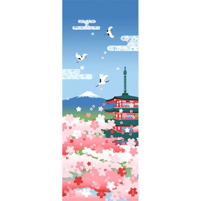Cotton hand towel, TENUGUI, Cherry blossoms, Five-story pagoda, Mount.Fuji, SAKURA
