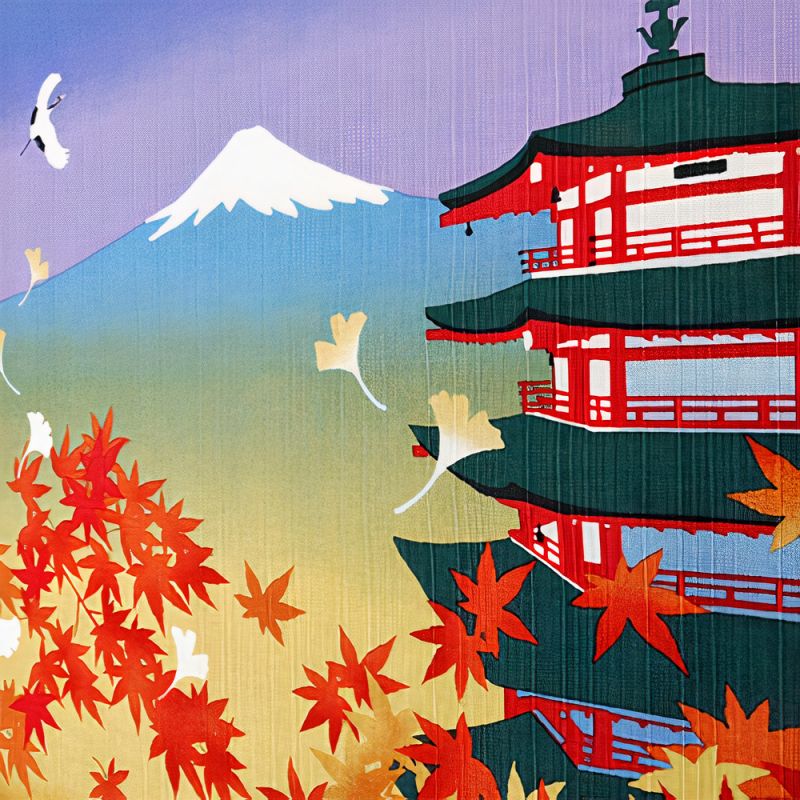Furoshiki giapponese per avvolgere Bento, foglie autunnali Pagoda a cinque piani del Monte Fuji