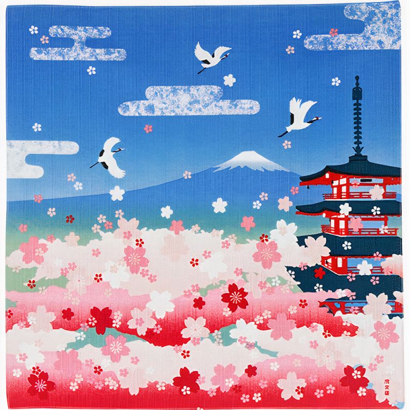 Japanese furoshiki for wrapping Bento, Cherry blossoms, five-story pagoda, Mount Fuji