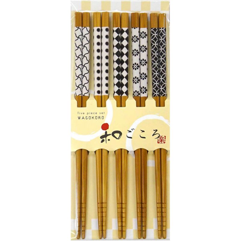 Juego de 5 pares de palillos japoneses con motivos blancos y negros, Sakigake, 22,5 cm
