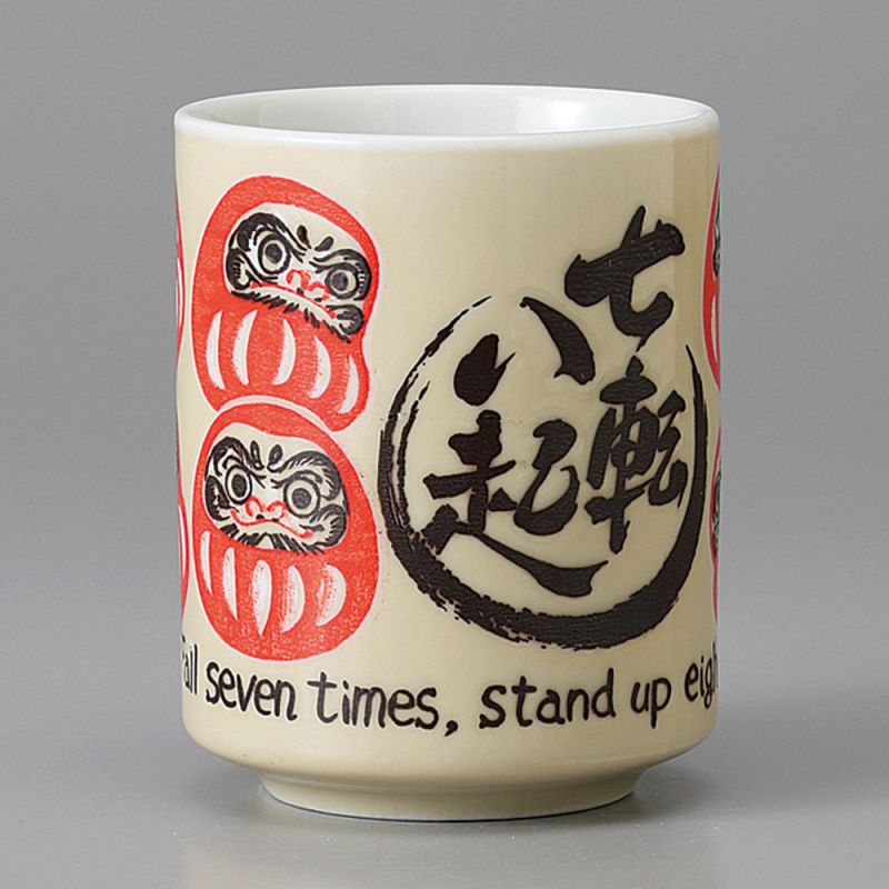 Tasse Daruma japonaise à thé avec dessins et proverbe NANAKOROBI