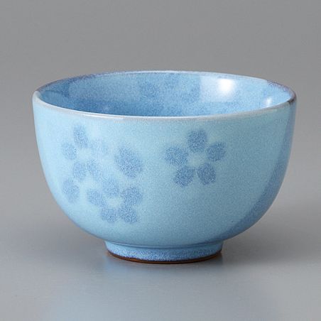 Japanese ceramic tea cup, light blue and flowers - BURUFURAWA