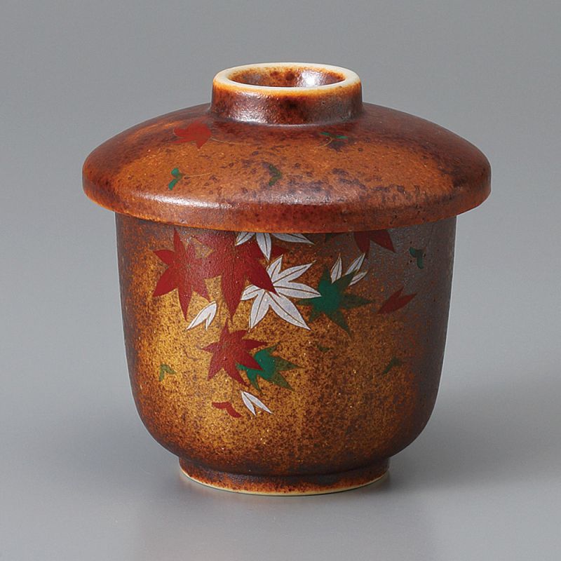 Tasse avec couvercle chawanmushi en céramique feuilles d'automne, MOMIJI, marron