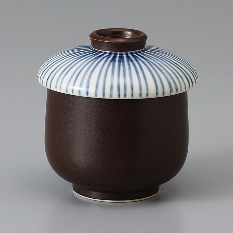 Bol à thé japonais Chawanmushi avec couvercle, noir à lignes bleues,TOKUSA