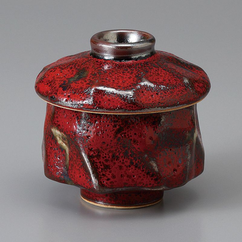 Taza de té de cerámica con tapa, color rojo roca volcánica, KURENAI YUZU TENMOKU
