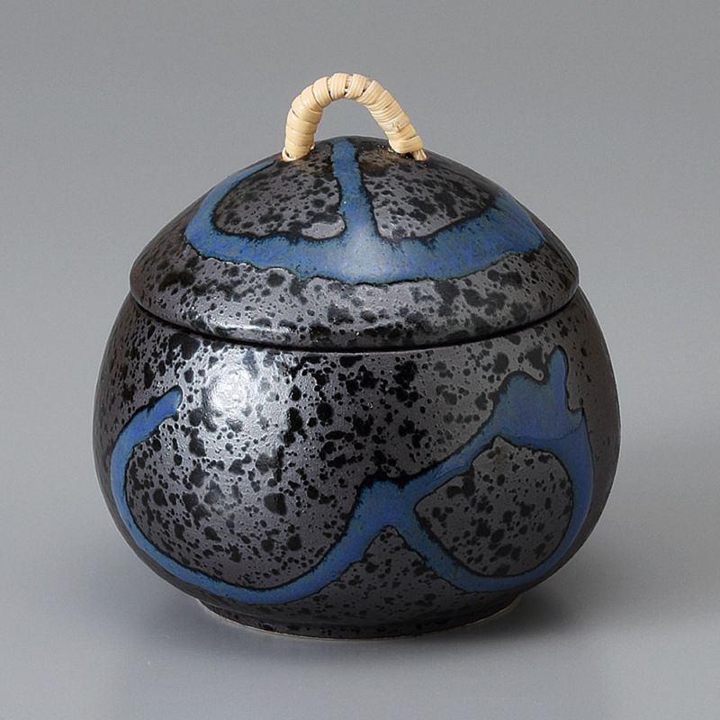 Taza redonda japonesa con tapa cerámica SEIRYU, negra y azul