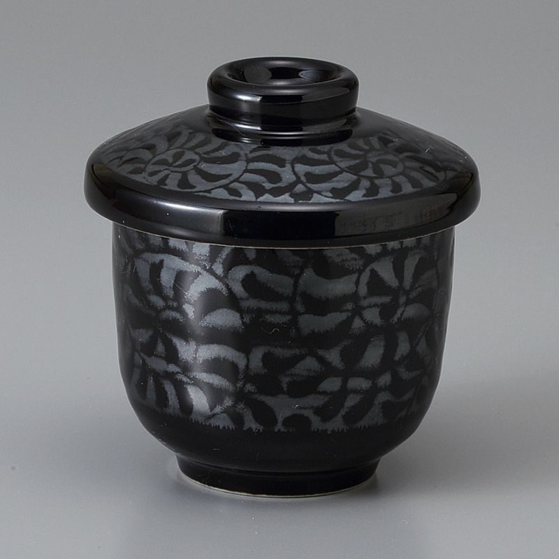 Tasse à thé en céramique avec couvercle, noir avec gravures, KARAKUSA