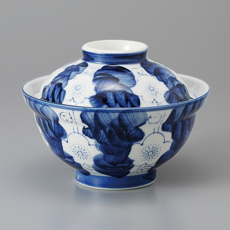 Japanische blaue Keramikschale mit Deckel, UME, blumen