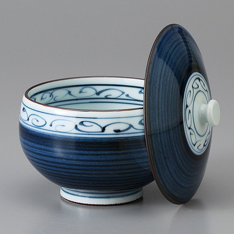 Japanese Chawanmushi tea bowl with lid, blue flowers, HIDAMARI