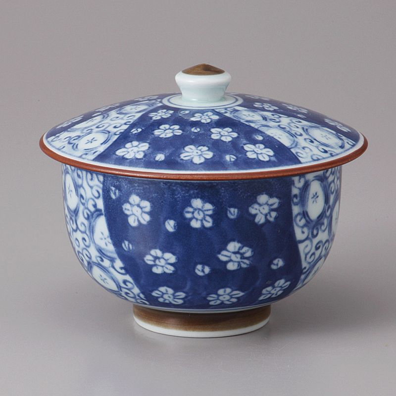 Japanese Chawanmushi tea bowl with lid, blue flowers, Ume Komon