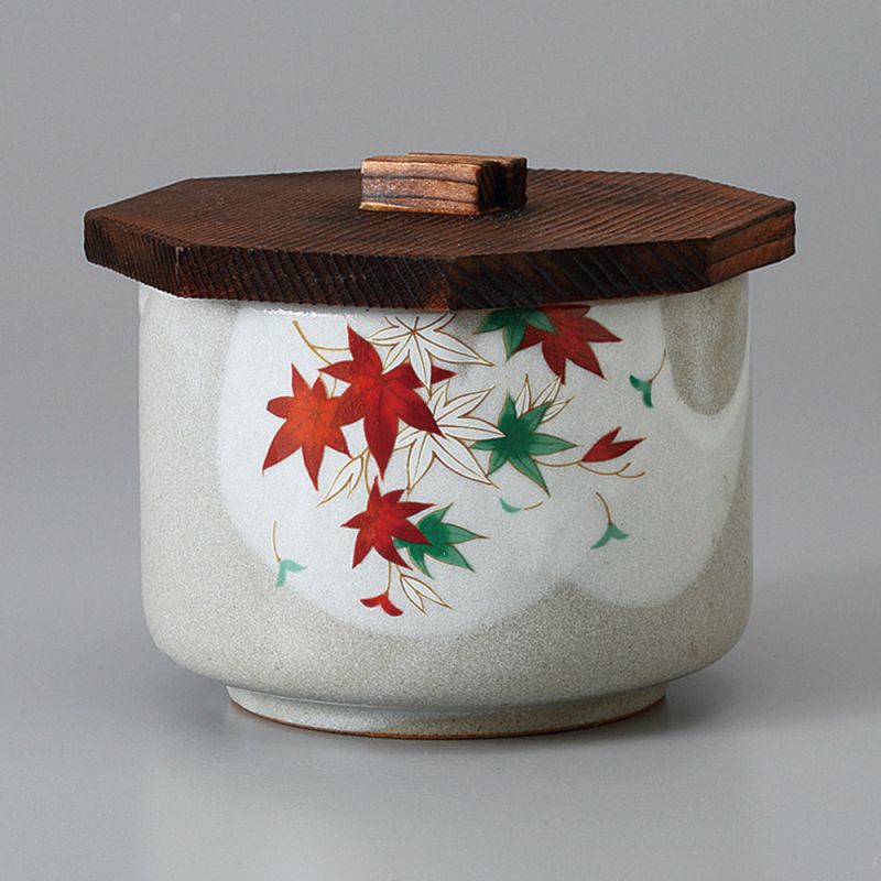 Japanese ceramic grey bowl with wooden lid, TATTAGAWA, momiji