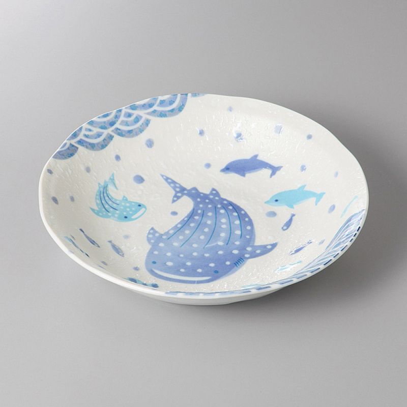 Round ceramic deep plate, blue, ocean universe - SEIGAIHA