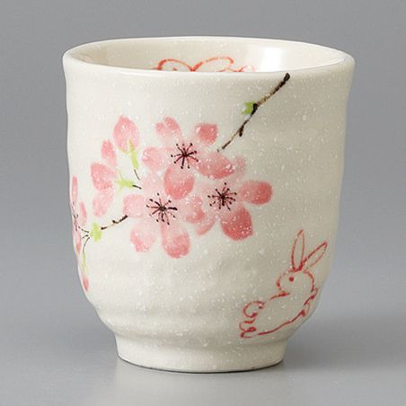 Japanische Keramik-Teetasse, Weiß- und Kirschblüten - SAKURA USAGI