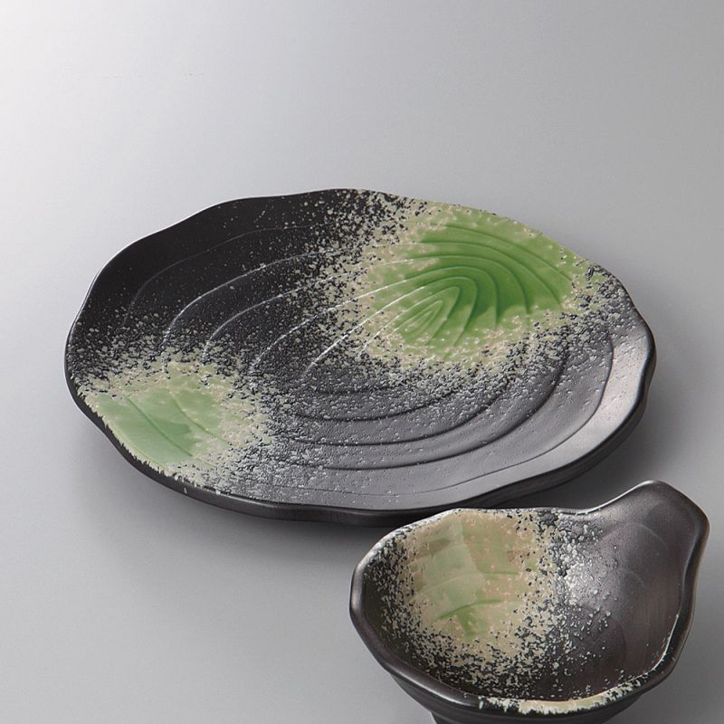 Japanese round plate with bowl, ISOBE, black and green