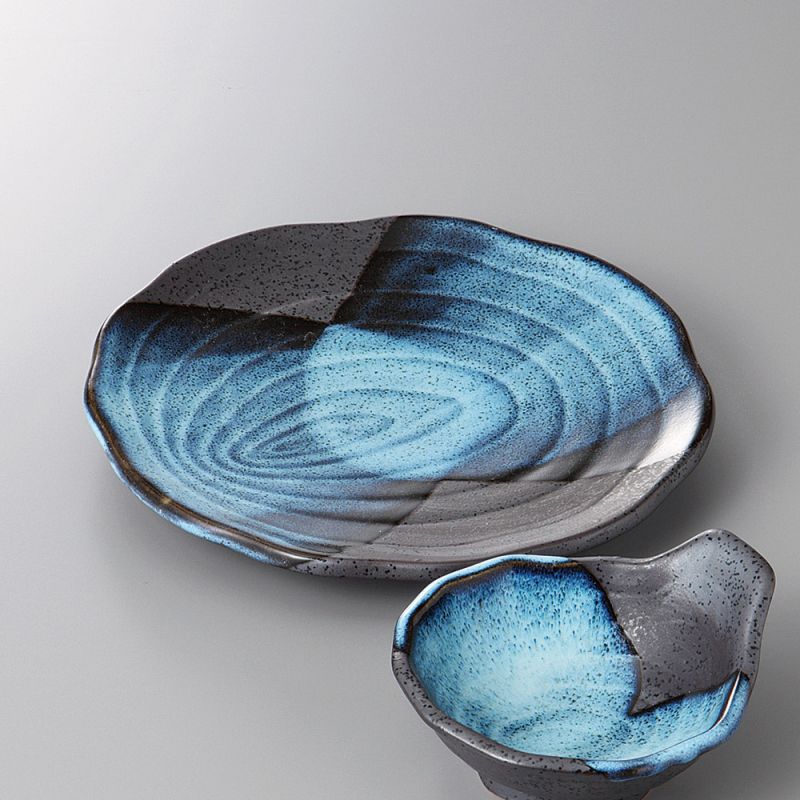 Assiette ronde japonaise TEMPURA avec bol assorti, MOKUME, bleu