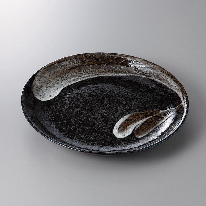 Assiette noire japonaise en céramique ­Ø23cm, ARAHAKE, pinceau