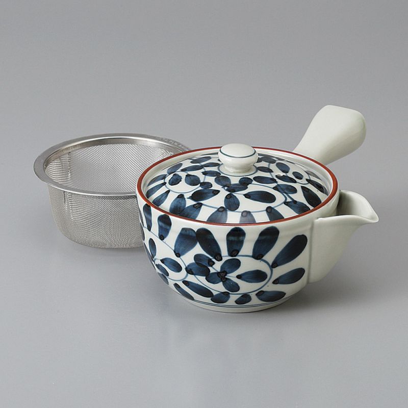 Tetera japonesa de cerámica kyusu con filtro extraíble e interior esmaltado, blanco y azul - KARAKUSA