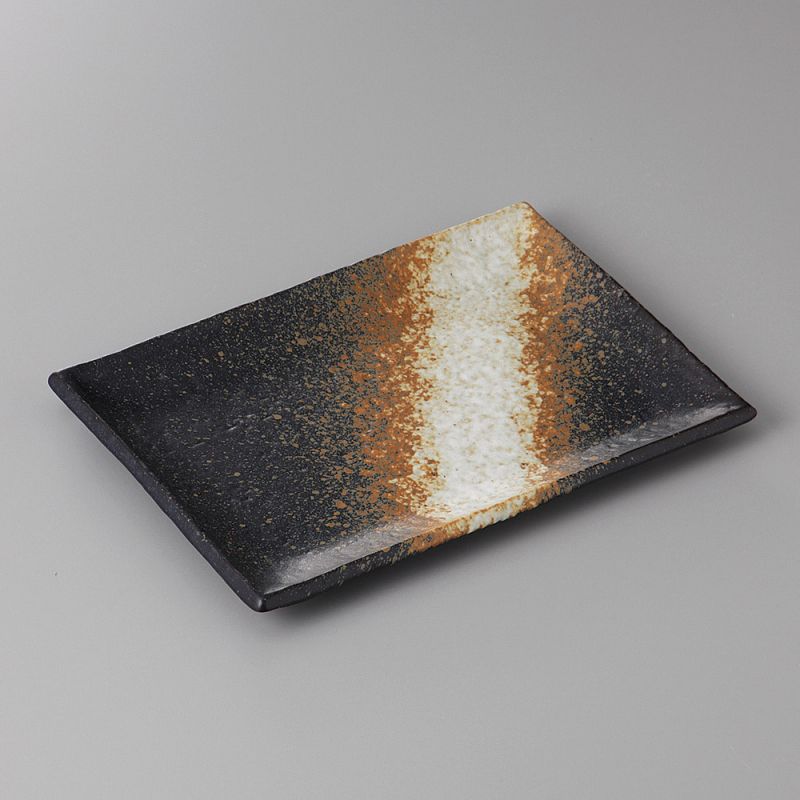 assiette rectangle japonaise en céramique, BIZEN, noire et rouille