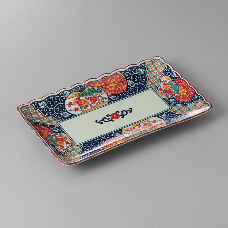 assiette rectangle japonaise en céramique, KOIMARI bleue et rouge