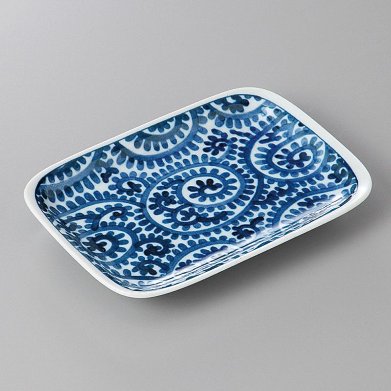 kleiner rechteckiger japanischer Teller, TAKO KARAKUSA, blau