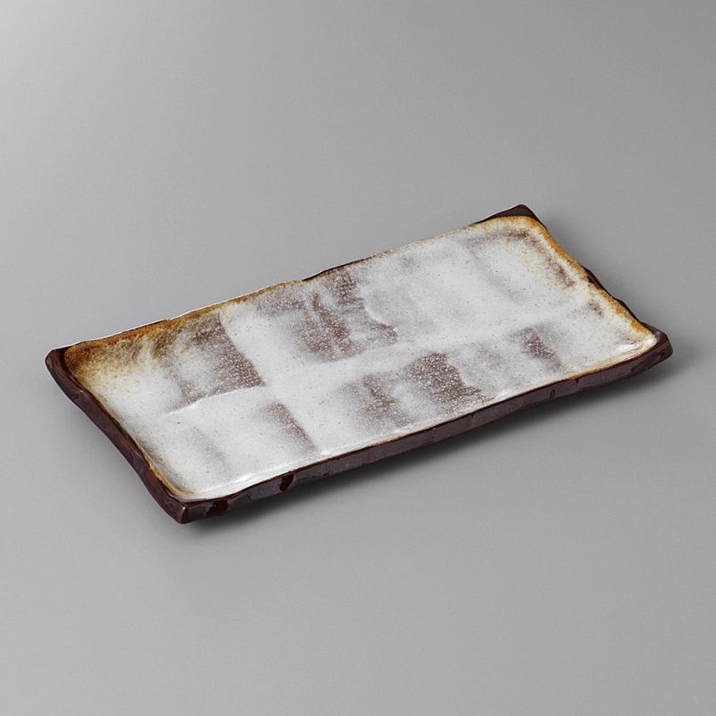 Piccolo piatto giapponese rettangolare in ceramica beige con bordo marrone - BEJUBURAUN