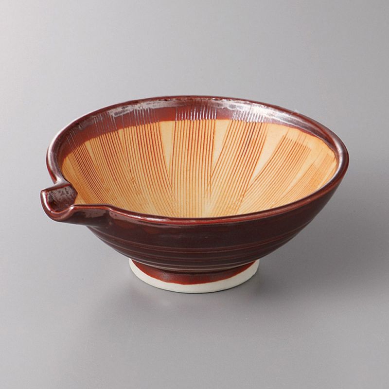 Ciotola piccola suribachi in ceramica giapponese con beccuccio, marrone - SHIMA