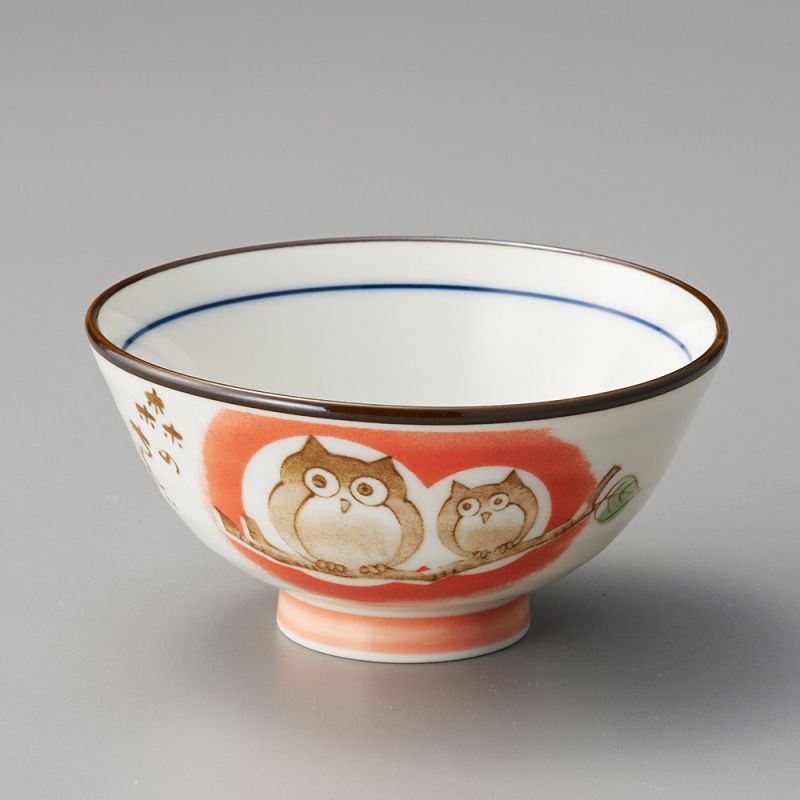 Ciotola di riso in ceramica giapponese, KOHIKI MORI NO CHIE FUKURÔ NAKAHIRA, gufo