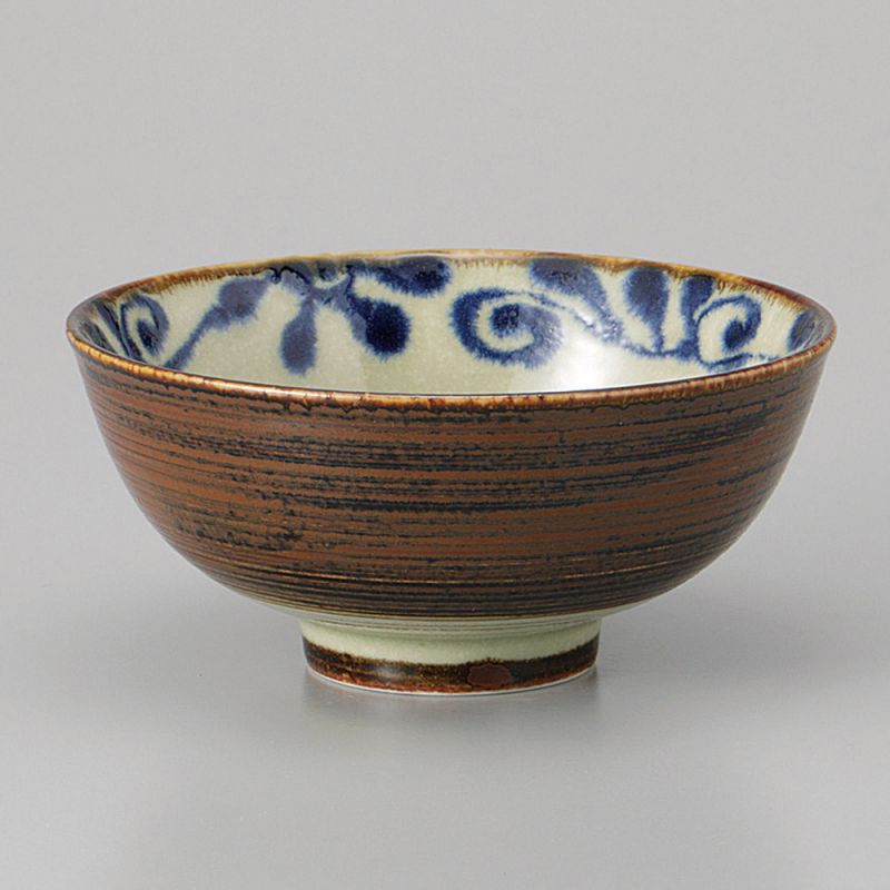 Japanese ceramic rice bowl, brown and blue, HANA NO KARAKUSA