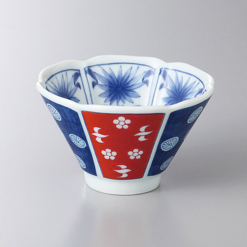 Set of 4 small white, blue and red ceramic cups - SAMAZAMANA PATAN