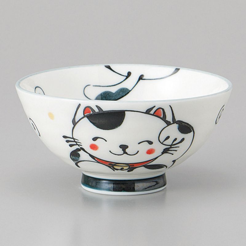 Japanese ceramic rice bowl, KURO MANEKINEKO, cat
