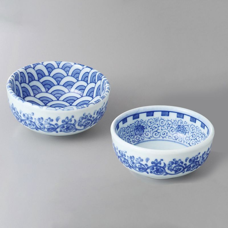 Set de 2 bols à sauce japonais en céramique NAMIBOTAN, motifs bleus
