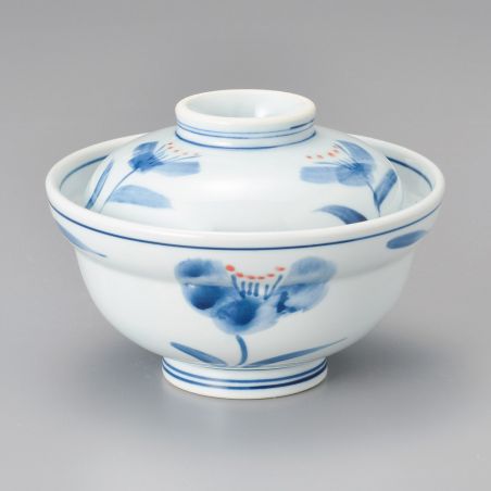 Japanese bowl with lid, white - blue flowers