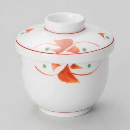 Tasse japonaise avec couvercle chawan mushi blanc, rouge et points verts - POINTO