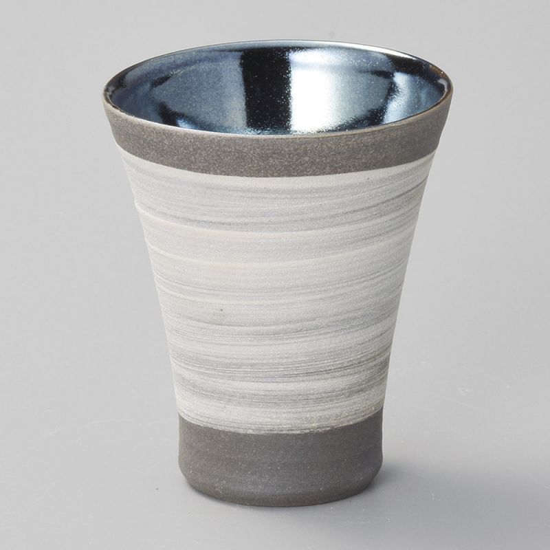 Japanese mazagran in ceramic, gray and brown, metallic enamel interior - METARIKKU