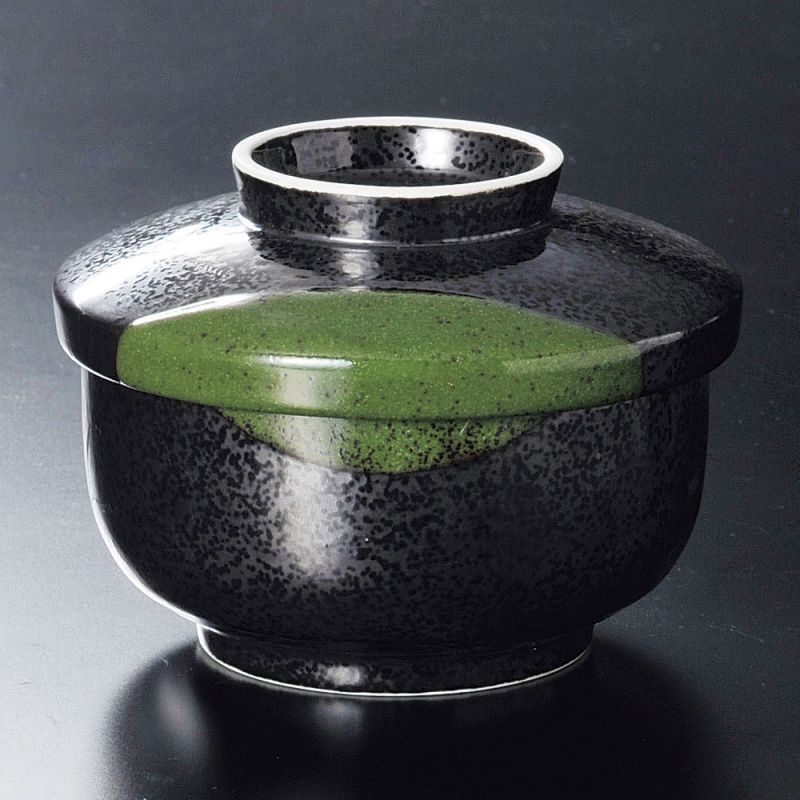 Tazón de té japonés Chawanmushi con tapa, negro y verde - SANKAKKEI