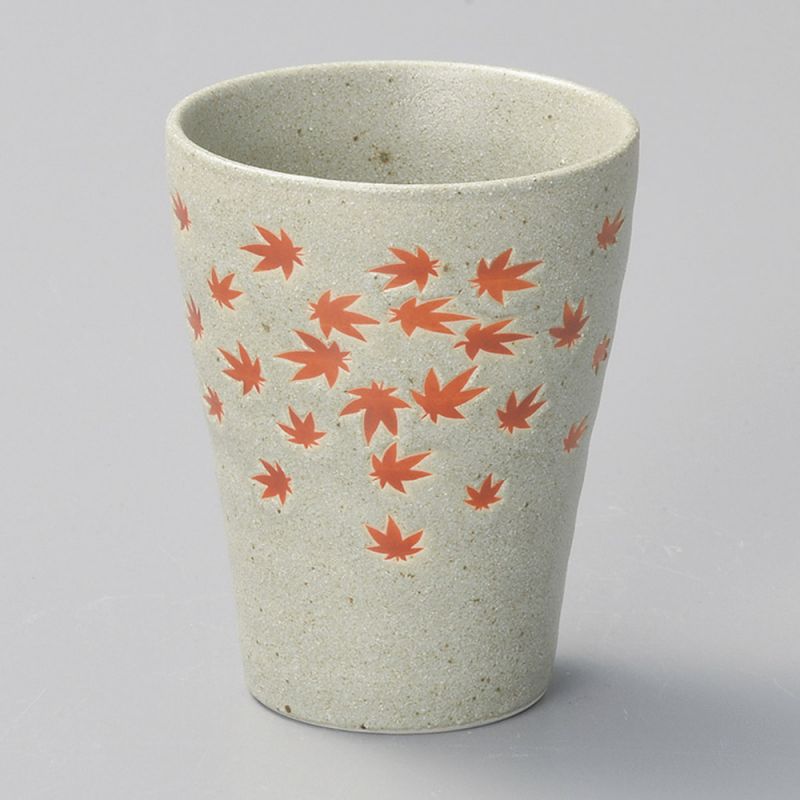 Japanese tall ceramic tea cup, gray, maple leaves - MOMIJI