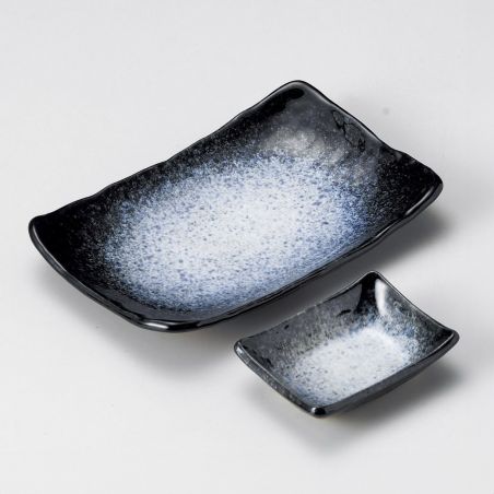 Japanese sushi plate and its sauce container, AO, blue